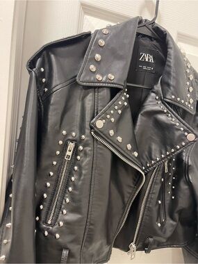 ZARA Black Studded Faux-Leather Moto Jacket